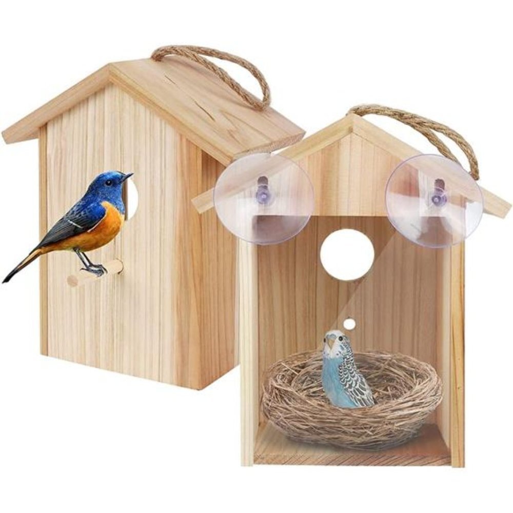 Window Bird House with Strong Suction Cup and Lanyard for Outside - See